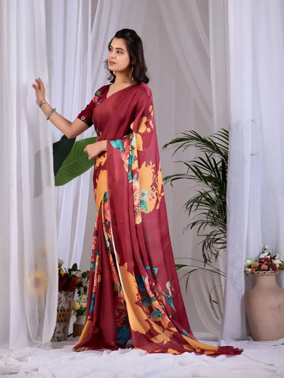 Elegant Satin Georgette Saree - Floral Digital Print Festive Wear for Women
