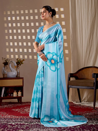 Elegant Satin Georgette Saree - Floral Print Design for Parties & Festivals