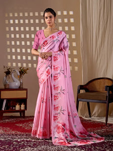 Elegant Satin Georgette Saree - Floral Rose Print Festive Wear for Women