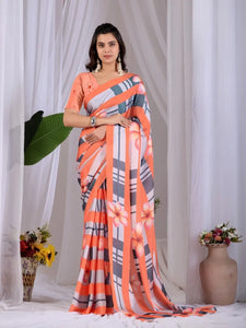Elegant Satin Georgette Saree - Floral & Striped Printed Festive Wear for Women