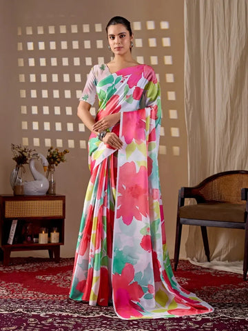 Elegant Satin Georgette Saree - Multicolor Floral Print