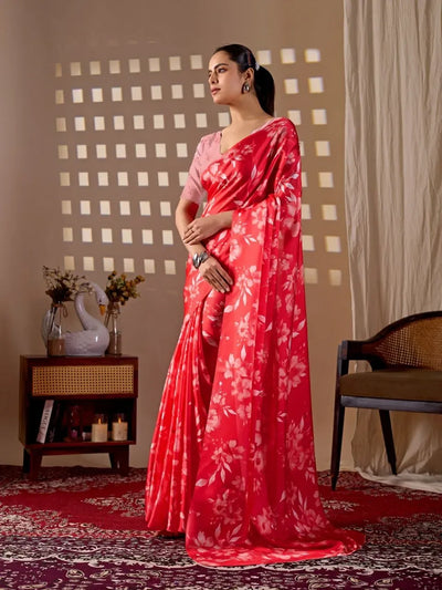 Elegant Satin Georgette Saree - Vibrant Floral Print Festive Wear for Women