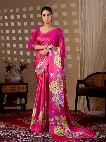 Elegant Satin Georgette Saree with Bold Floral Digital Print for Women