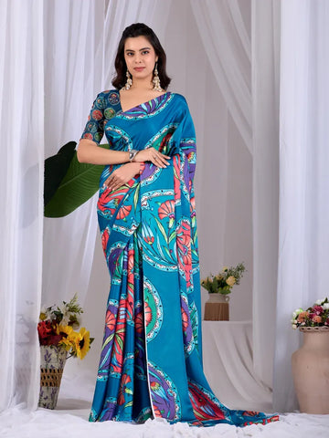 Elegant Satin Georgette Saree with Digital Floral Print for Festive Wear
