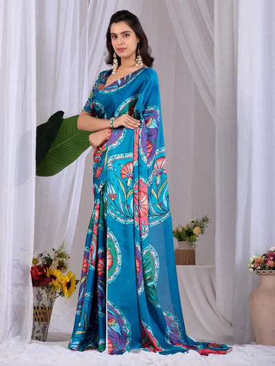 Elegant Satin Georgette Saree with Digital Floral Print for Festive Wear