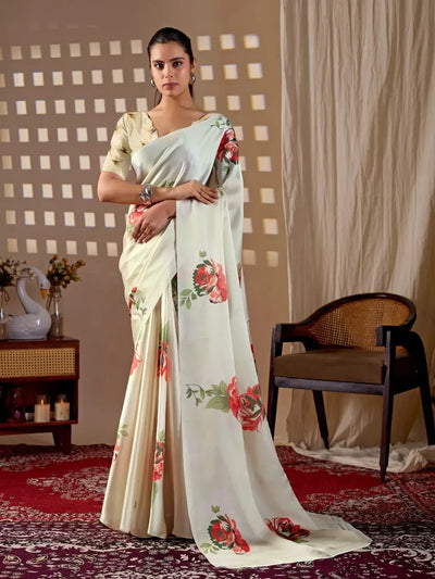 Elegant Satin Georgette Saree with Floral Digital Prints - Festive Party Wear for Women