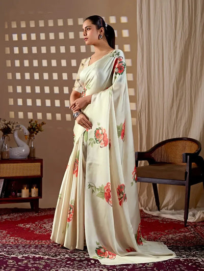 Elegant Satin Georgette Saree with Floral Digital Prints - Festive Party Wear for Women