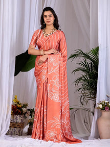 Elegant Satin Georgette Saree with Floral Line Art Festive Wear for Women