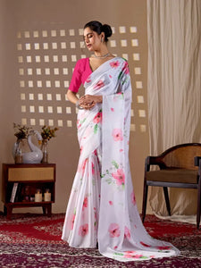 Elegant Satin Georgette Saree with Floral Print for Women