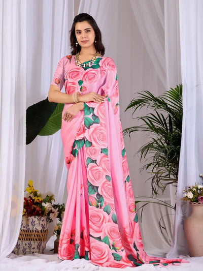 Elegant Satin Georgette Saree with Rose Floral Print - Festive Wear