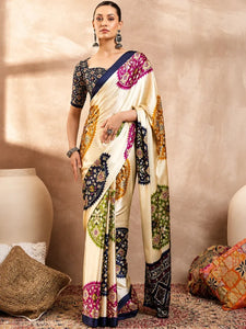 Elegant Satin Silk Saree with Ajrakh Print for Festive Wear