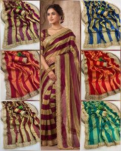 Elegant Satin Silk Striped Saree with Lace Border - Lightweight Festive Wear for Women