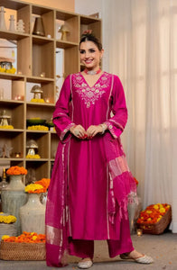 Elegant Satori Silk Suit Set - Hand-Embellished Festive Wear for Women