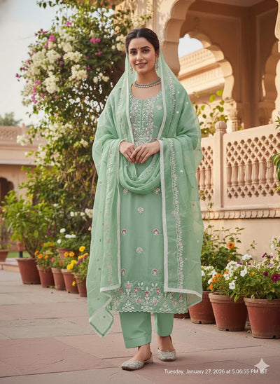 Elegant See Green Embroidered Suit Set - Festive Wear for Women