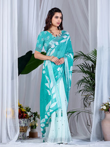 Elegant See Green Linen Cotton Saree - Designer Printed Collection