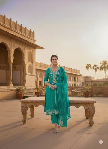 Elegant See Green Suit Set - Roman Silk Embroidery for Festive Wear