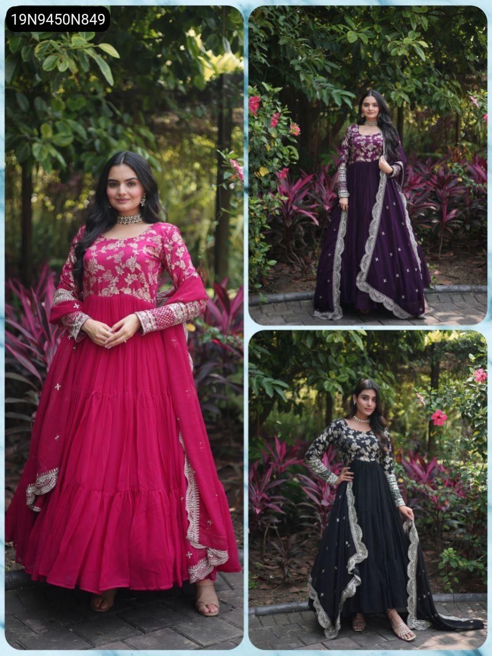 Collage of women's sequin embroidered Indo-Western gowns in rani-pink, purple, and black colors, showcasing full model shots.