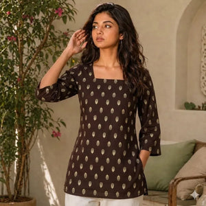 Elegant Short Kurti for Women - Festive Foil Print Rayon