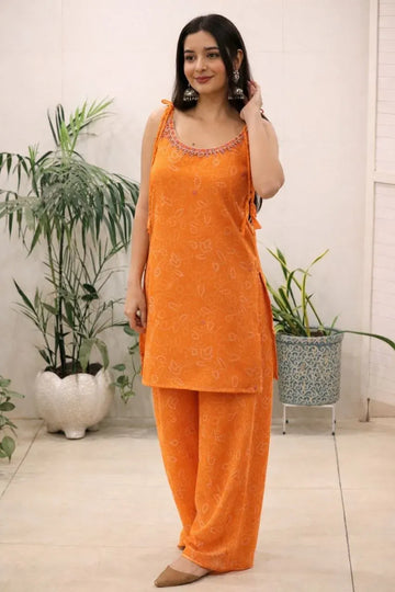 Elegant Short Kurti Set - Handcrafted Mirror Work Sleeveless Festive Wear for Women