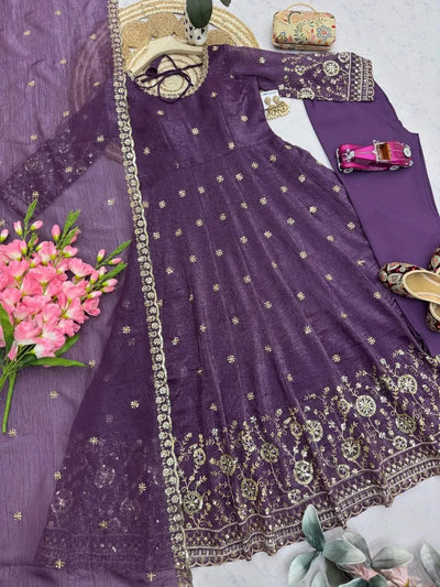 Elegant Silk Anarkali Gown Set - Luxe Embroidery Party Wear for Women