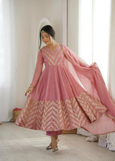 Elegant Silk Anarkali Gown Set with Sequence Embroidery