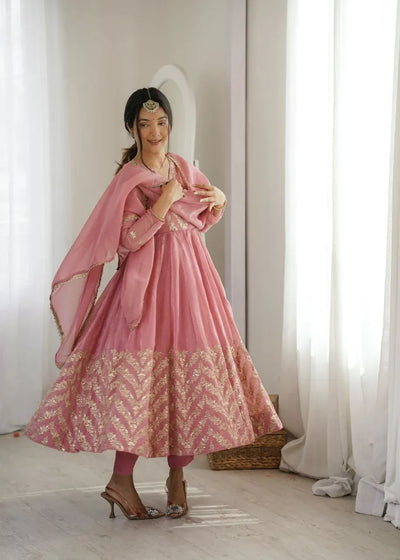 Elegant Silk Anarkali Gown Set with Sequence Embroidery