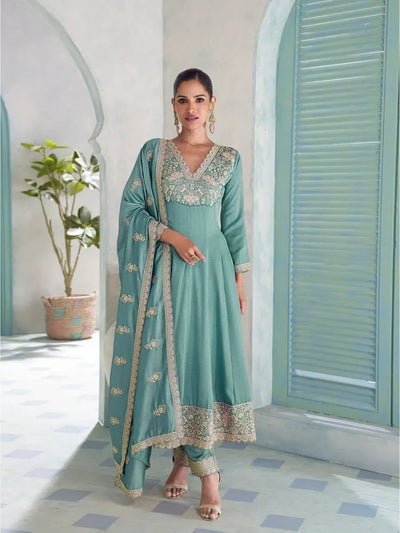 Elegant Silk Anarkali Suit Set - Heavy Embroidery for Festive Wear Women