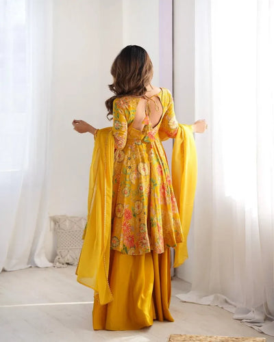 Elegant Silk Chanderi Kurta Set with Dupatta - Heavy Flair Festive Wear for Women