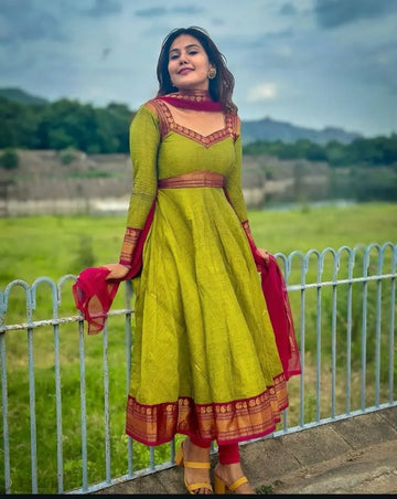 Elegant Silk Kurti with Dupatta Set - Jacquard Zari Border Festive Suit for Women