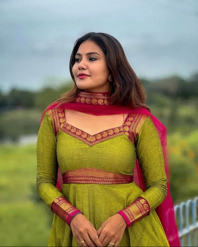 Elegant Silk Kurti with Dupatta Set - Jacquard Zari Border Festive Suit for Women