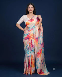 Elegant Silk Satin Saree - Floral Print Festive Wear for Women