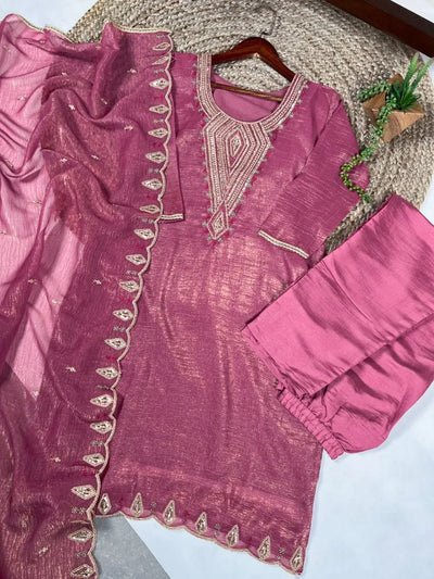 Elegant Silver Glosy Kurti Set - Sequin & Thread Embroidery for Festive Wear