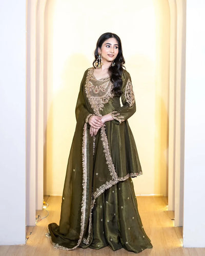 Elegant Simar Silk Sharara Set - Ready to Wear Heavy Embroidery Festive Suit for Women