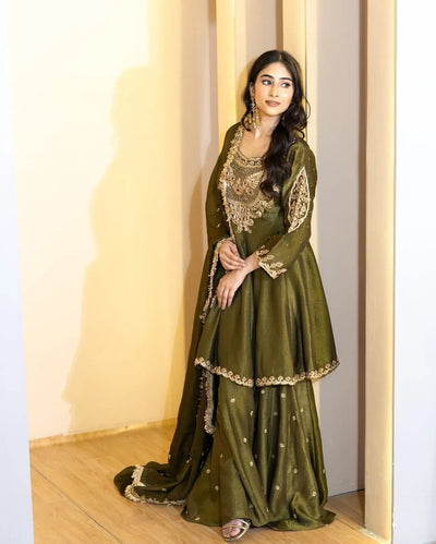 Elegant Simar Silk Sharara Set - Ready to Wear Heavy Embroidery Festive Suit for Women