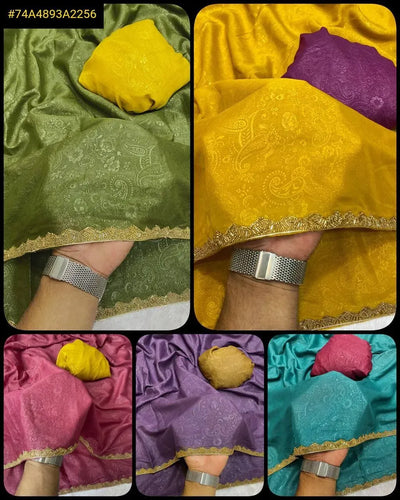 Elegant Simmri Golden Embossed Saree - Handwork Lace Border for Festive