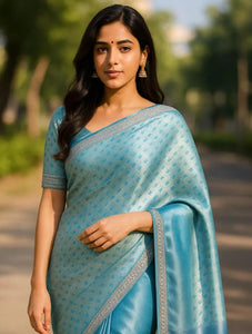 Elegant Sky Blue Banarasi Tissue Saree - Shimmering Silver Zari for Festive & Wedding