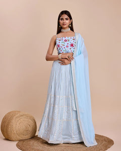 Elegant Sky Georgette Lehenga - Heavy Thread Sequence Embroidery for Weddings