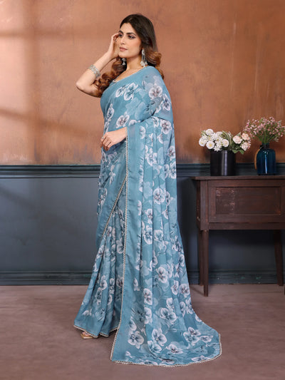 Elegant Sky Georgette Printed Saree - Fancy Demanding Collection for Women