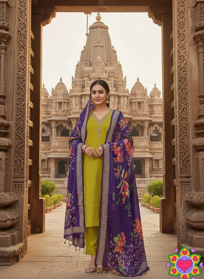 Elegant Slub Cotton Kurti Set - Exquisite Neck Embroidery for Festive & Party Wear