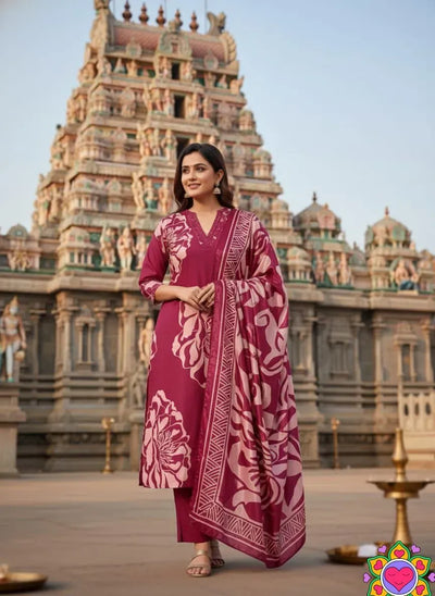 Elegant Slub Cotton Kurti Set - Mirror Embroidery & Chinnon Dupatta for Festive & Party Wear | Sizes S-5XL