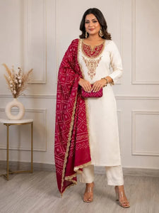 Elegant Slub Cotton Kurti Set with Embroidered Dupatta for Women