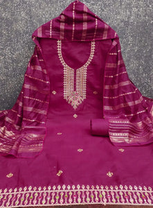 Elegant Slub Cotton Suit Set with Coding Neck Work for Women