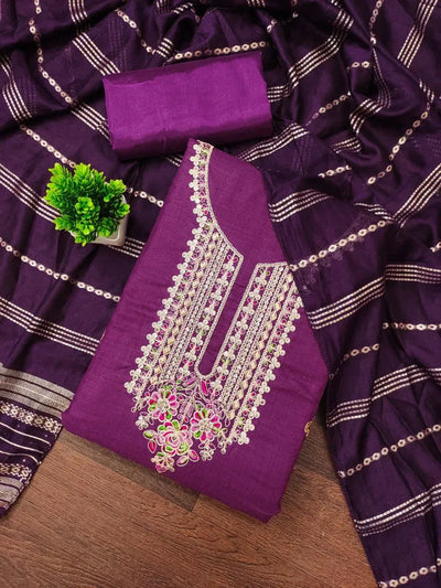 Elegant Slub Cotton Suit Set with Coding Neck Work for Women