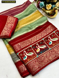 Premium Multicoloured Kalamkari Print Soft Dola Silk Saree with Jacquard Border