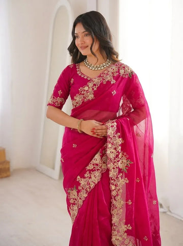 Elegant Soft Fendy Chiffon Saree - Embroidered Cutwork for Party & Weddings