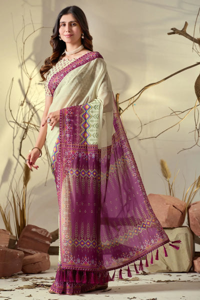 Elegant Soft Georgette Saree with Cream and Deep Pink Geometric Print - Festive Wear for Women
