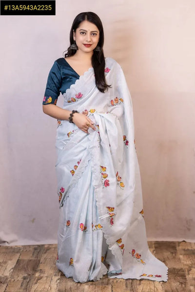Elegant Soft Kota Silk Saree - Bird Embroidery & Cutwork Border for Festive Wear