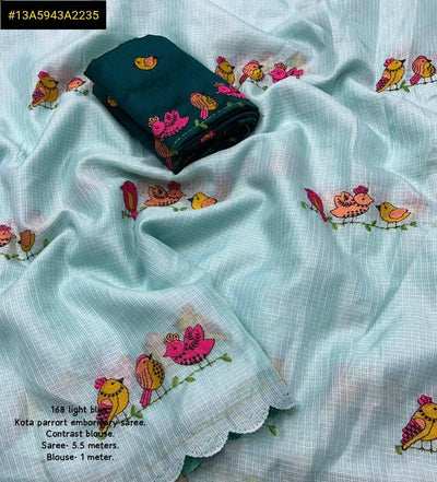 Elegant Soft Kota Silk Saree - Bird Embroidery & Cutwork Border for Festive Wear