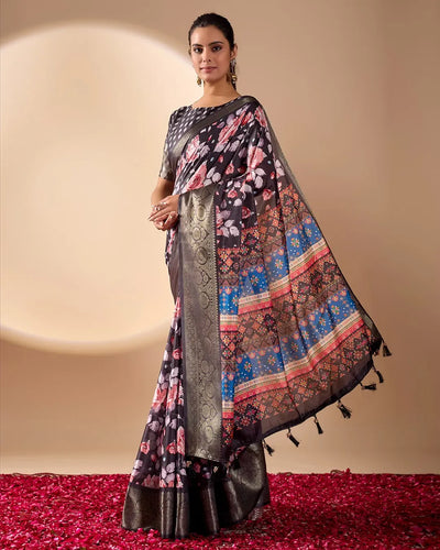 Elegant Soft Lichi Silk Saree - Floral Print Festive Wear