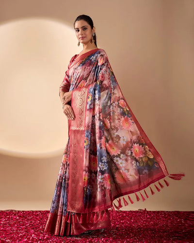 Elegant Soft Lichi Silk Saree - Floral Prints & Zari Pallu for Festive Prep